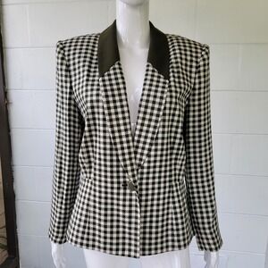 VTG 90s Kasper for ASL Blazer Green White Houndstooth Women 12 Academia Office